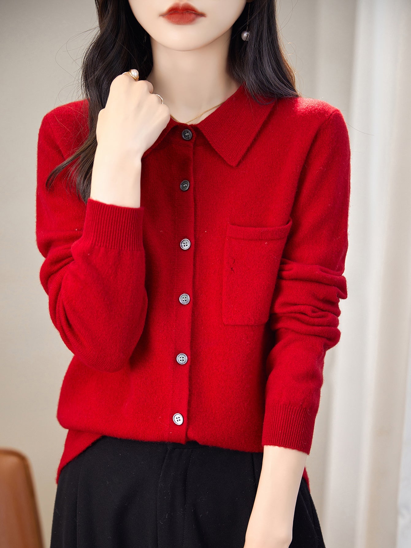 100% Merino Wool Poloneck Cardigan Sweater