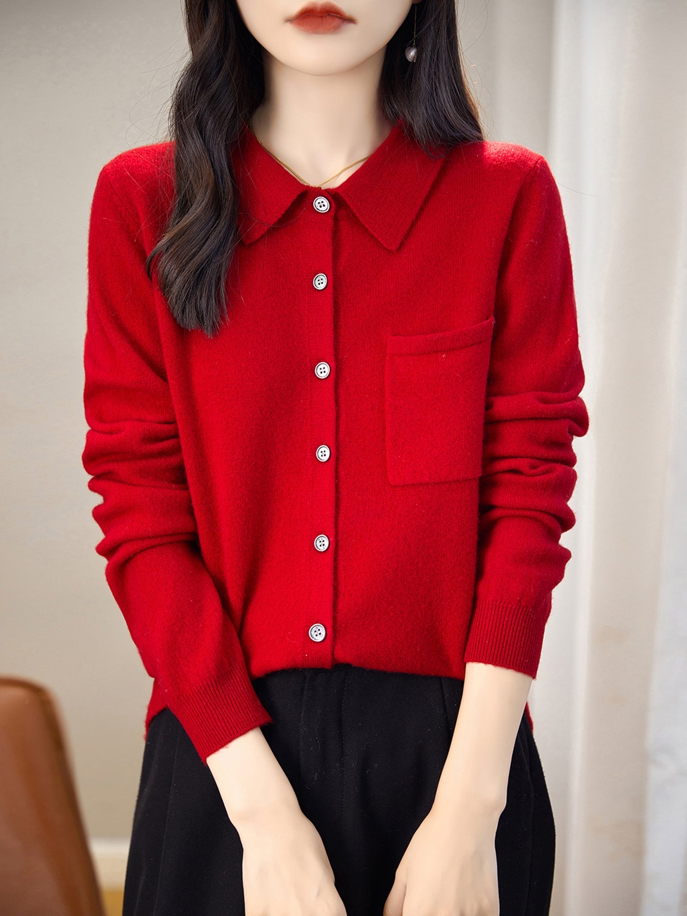 100% Merino Wool Poloneck Cardigan Sweater